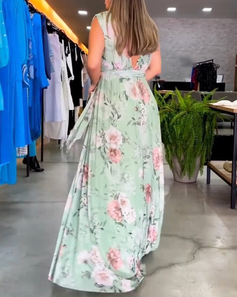 Robe élégante sans manches à imprimé floral en V