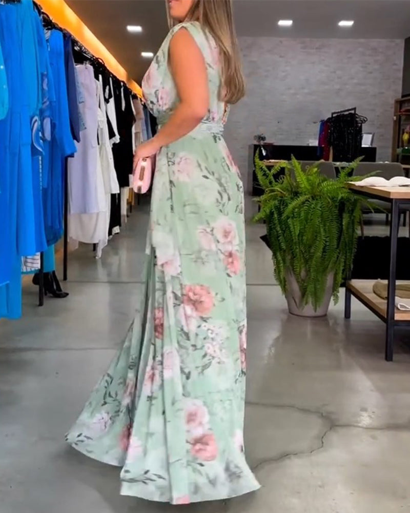 Robe élégante sans manches à imprimé floral en V