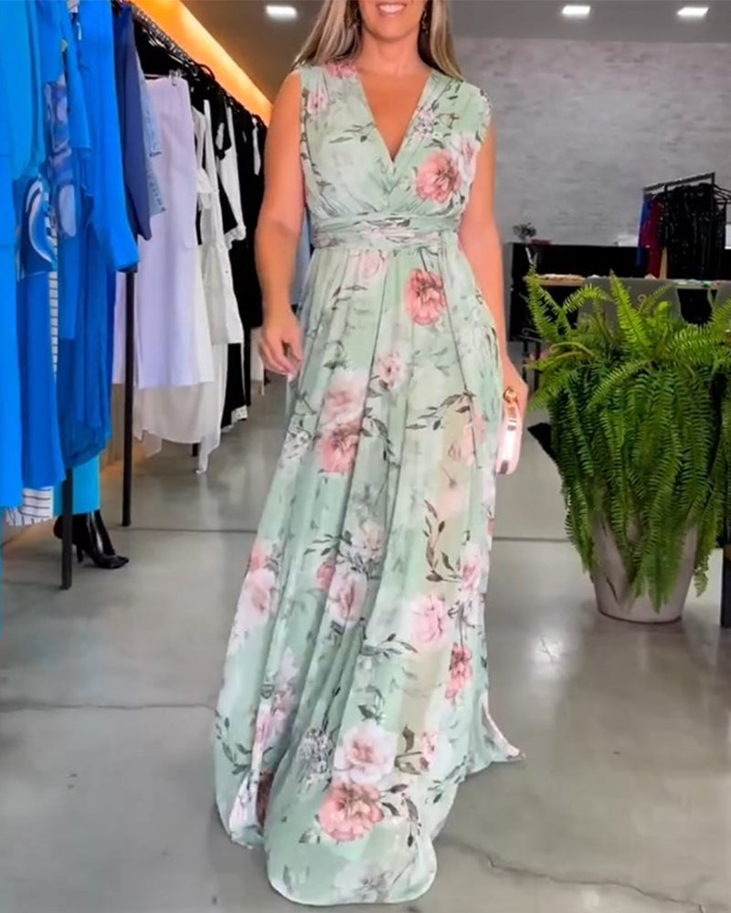 Robe élégante sans manches à imprimé floral en V
