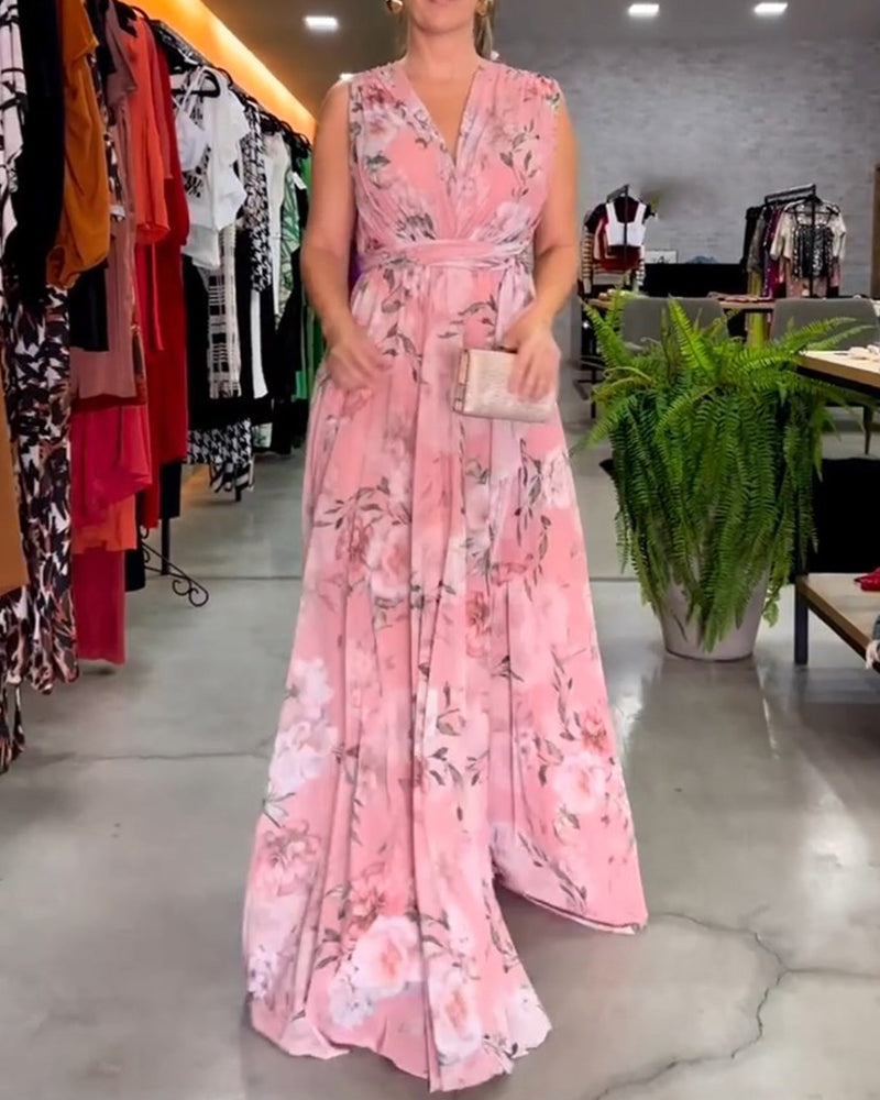 Robe élégante sans manches à imprimé floral en V