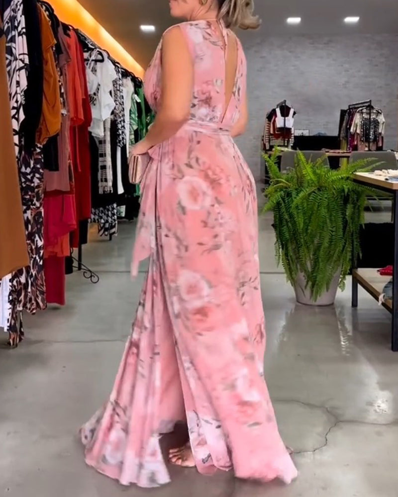 Robe élégante sans manches à imprimé floral en V