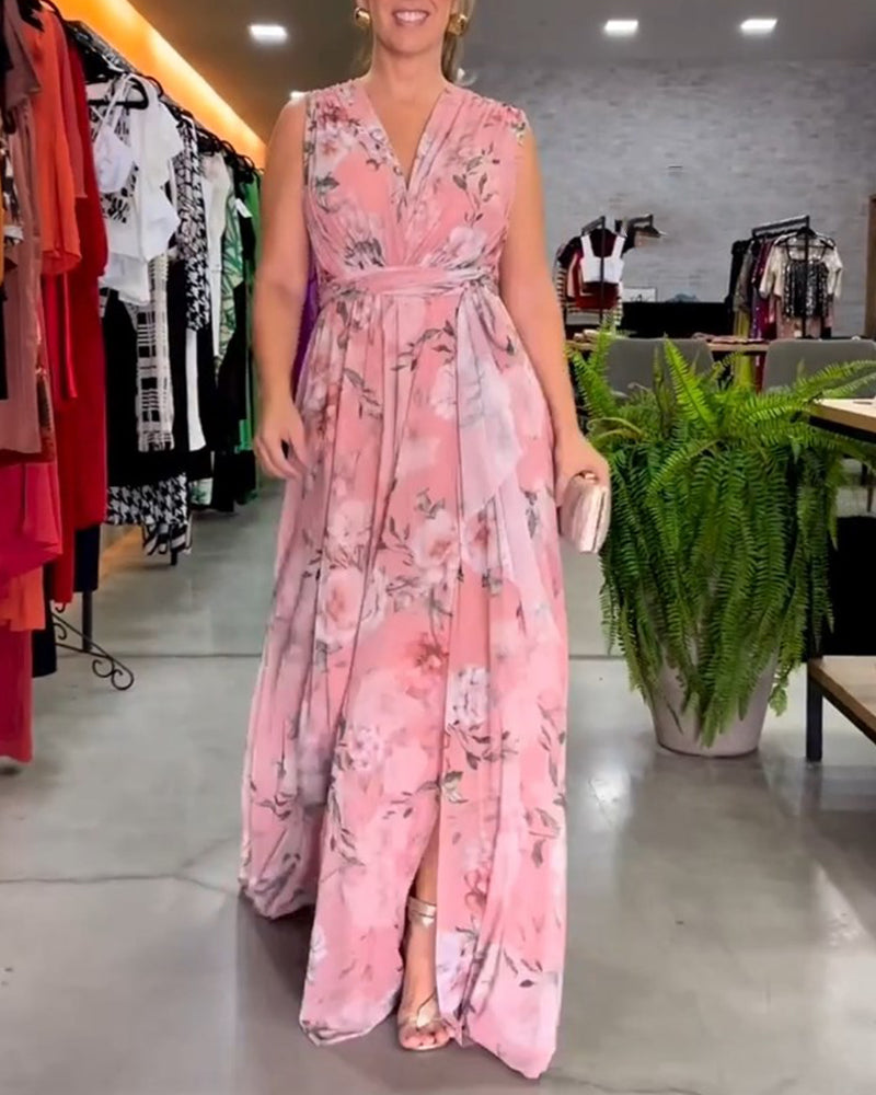 Robe élégante sans manches à imprimé floral en V
