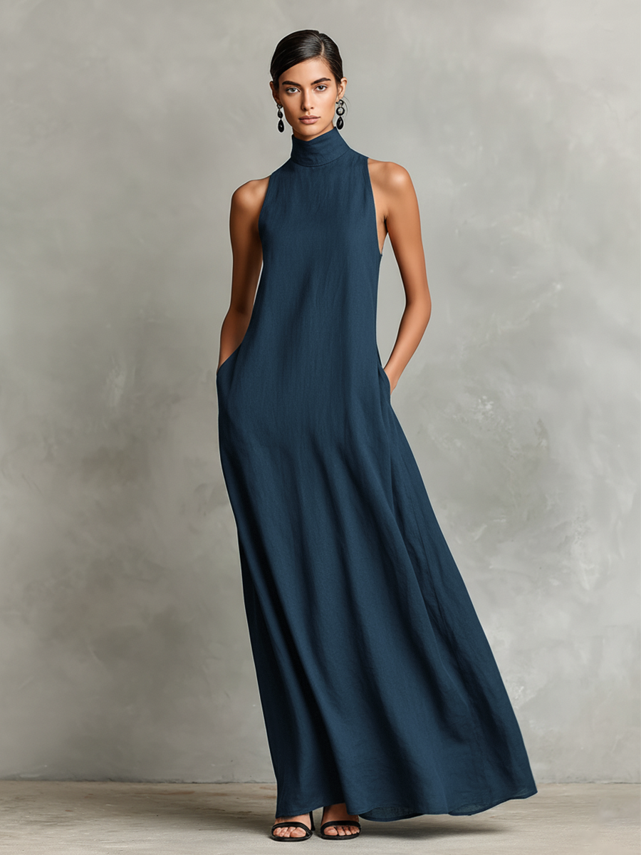 Robe maxi noire pour femmes avec col montant et poches latérales, robe décontractée intemporelle et minimaliste