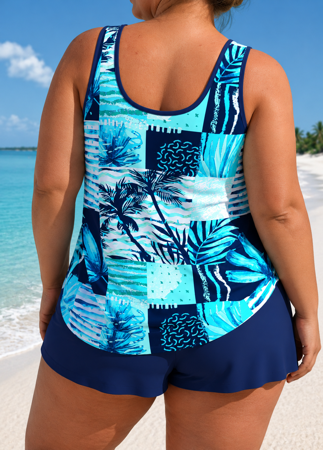 Megan – Ensemble Tankini et Shorts Grande Taille avec Coupe Ample et Motif Feuille