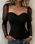 Haut Couleur Unie Col Carré Manche Longue Tulle