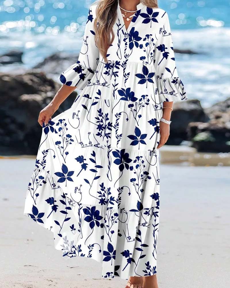 Robe Col En V Fleurie Volant Superposée