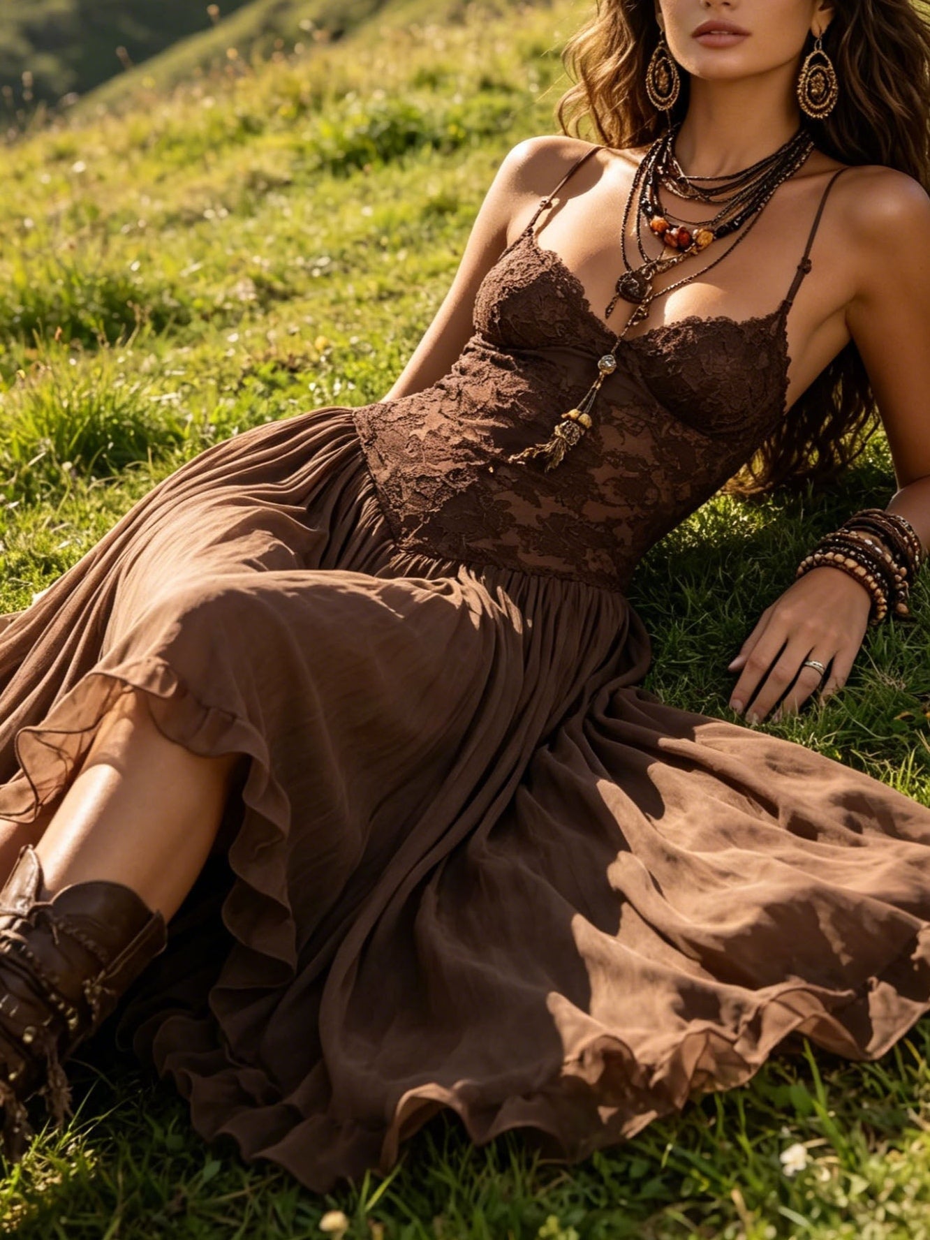 Deonissa | Robe maxi en chiffon marron avec dentelle
