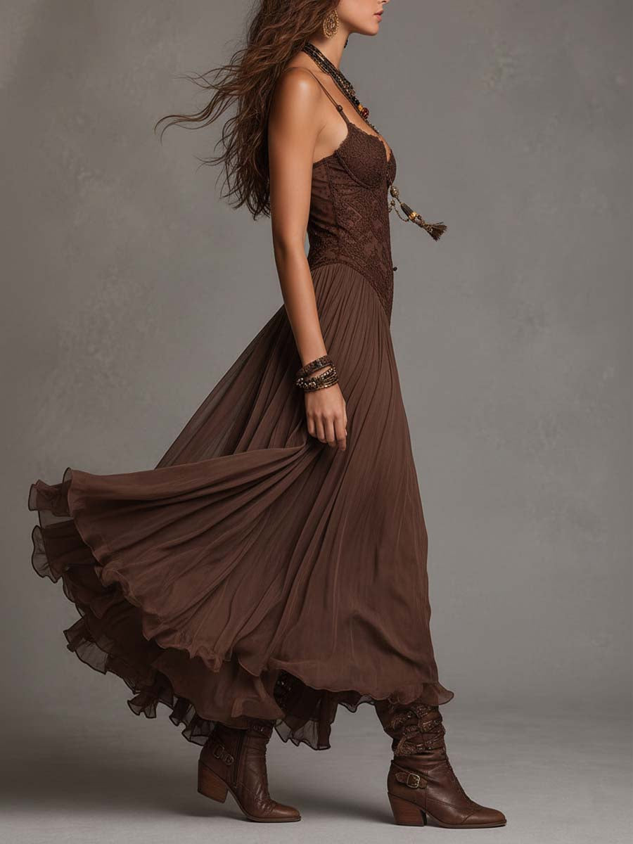 Deonissa | Robe maxi en chiffon marron avec empiècement en dentelle