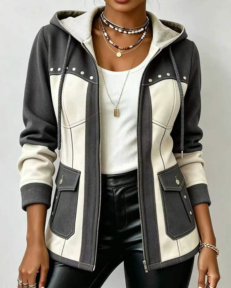 Manteau en Denim Patchwork avec Capuche et Zip