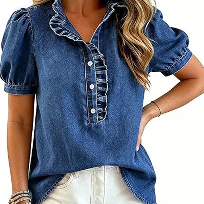 Haut femme en denim avec col volanté et manches bouffantes