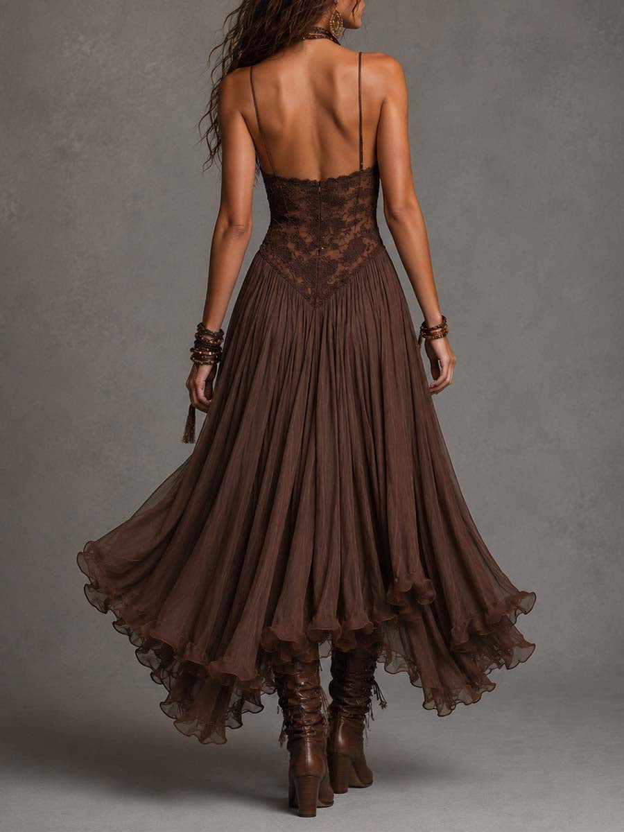 Deonissa | Robe maxi en chiffon marron avec dentelle