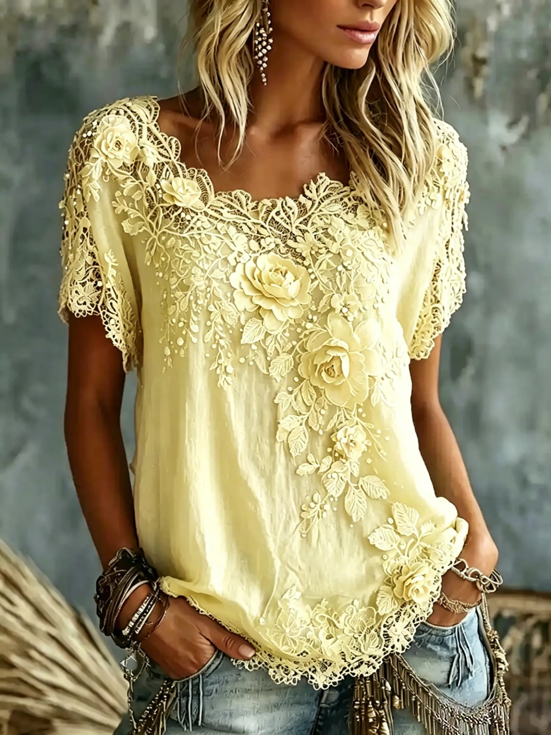 Daevea | Blouse vintage avec broderie florale en dentelle