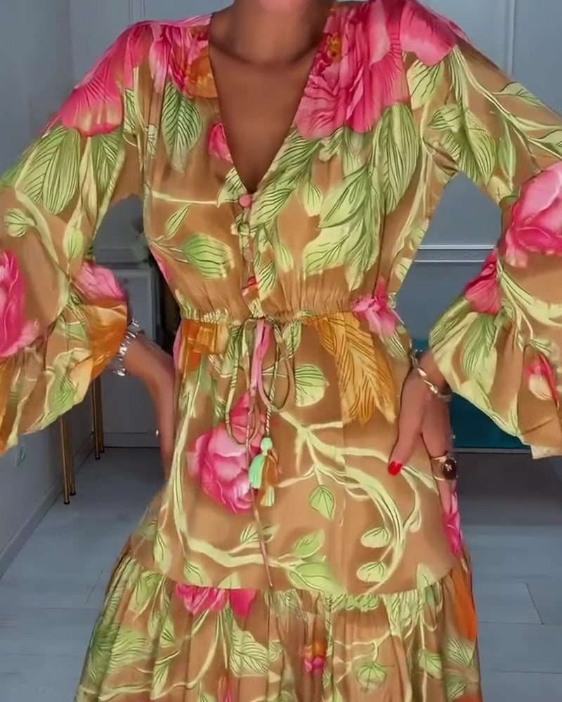 Mosalia | Robe maxi florale avec décolleté en V et jupe évasée