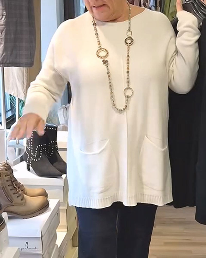Pull à col rond, couleur unie, avec poche, ample