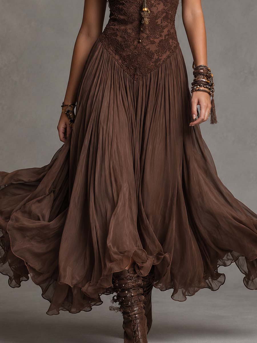 Deonissa | Robe maxi en chiffon marron avec empiècement en dentelle
