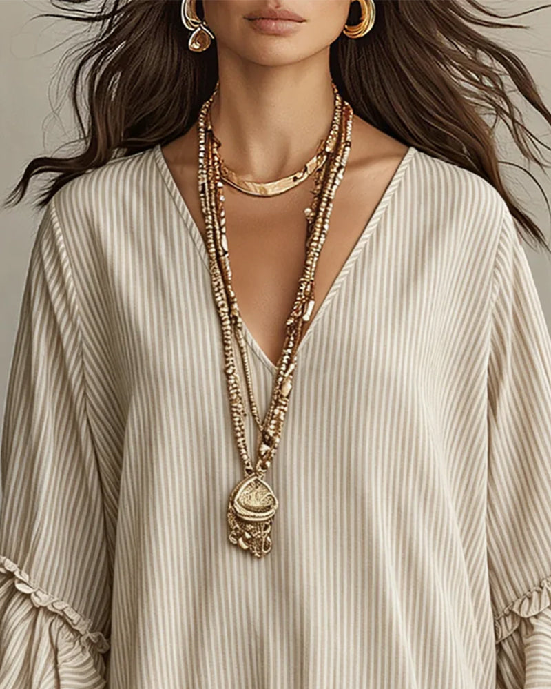 Robe Col En V Manche Lanterne Rayée Mini
