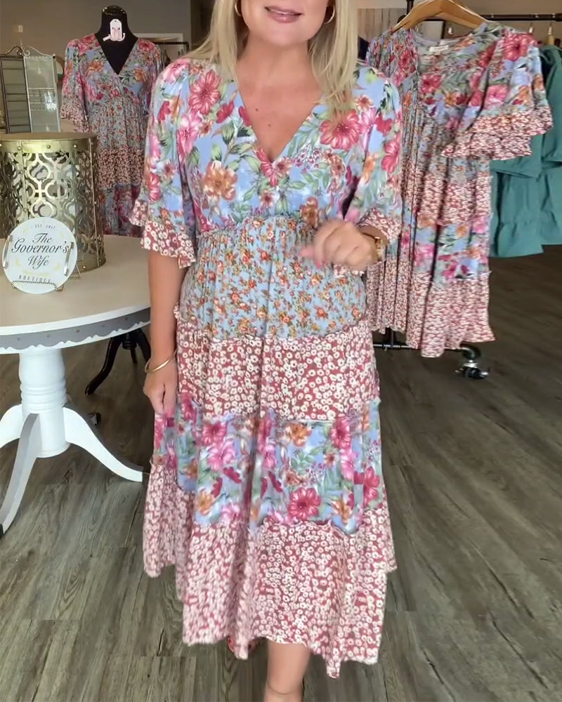 Robe Fleurie à Manches Lotus en V