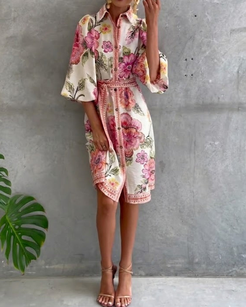 Robe imprimée à col notch et manches en lanterne