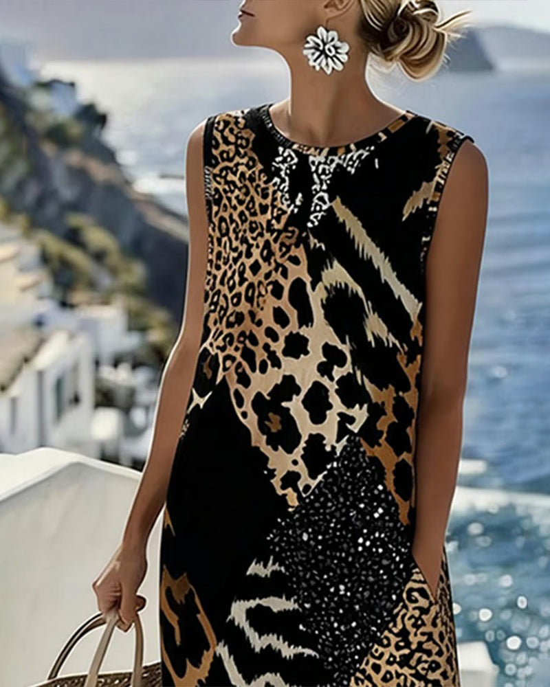 Robe longue sans manches à imprimé léopard en patchwork