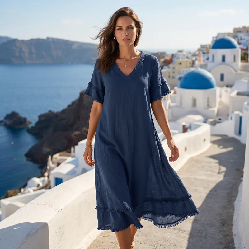 Robe femme bohème col V avec franges et coupe fluide