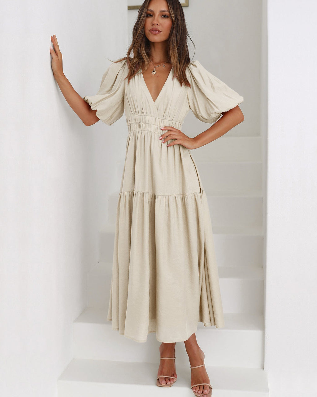 Robe Cocktail Midi Femme | Col V Froncé