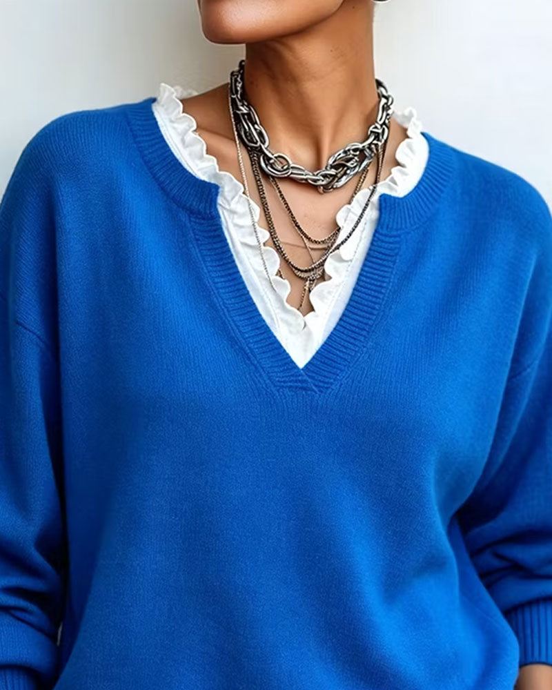 Pull en V à Fausse Deux Pièces avec Dentelle