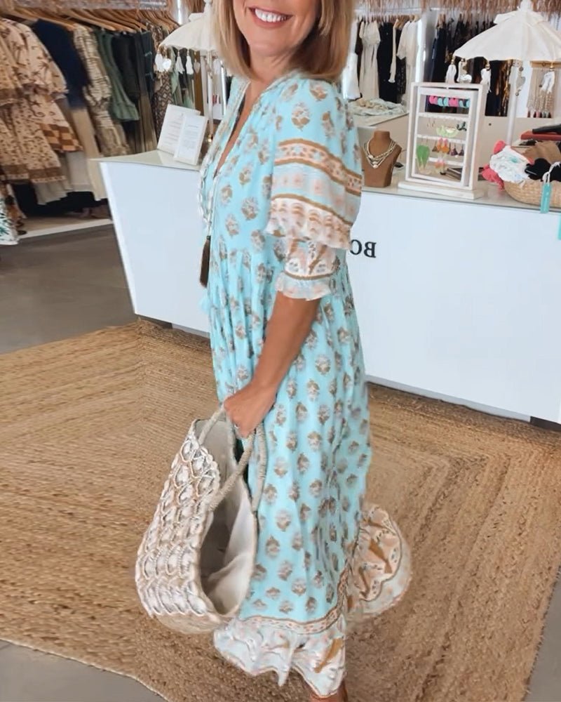 Isabella | Robe Midi à Imprimé Bohème avec Franges