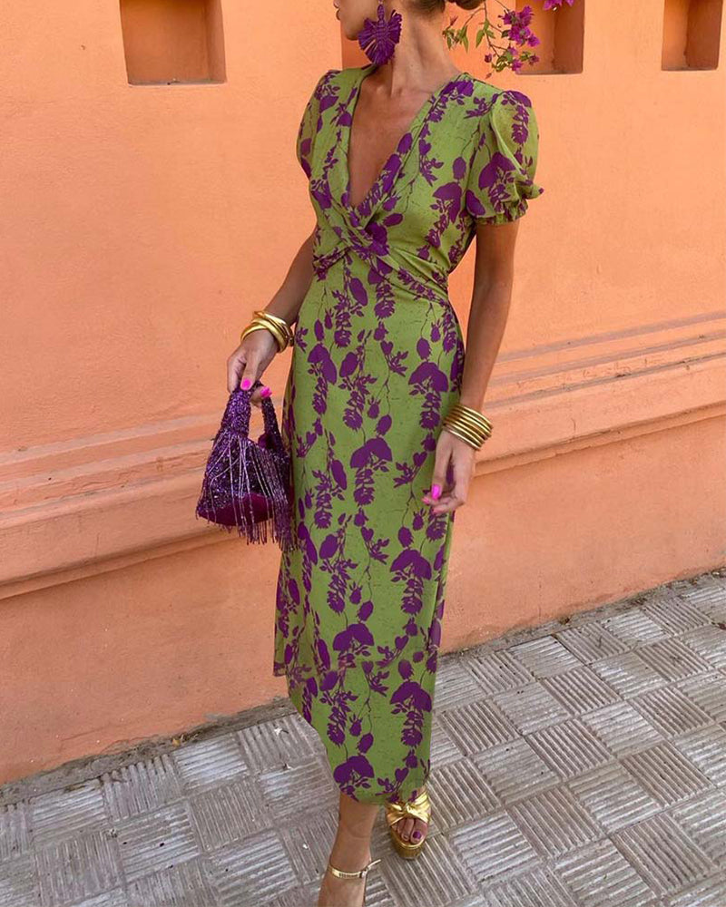 Robe A-Line à Manches Bouffantes et Imprimé Élégant de Feuilles en V Profond