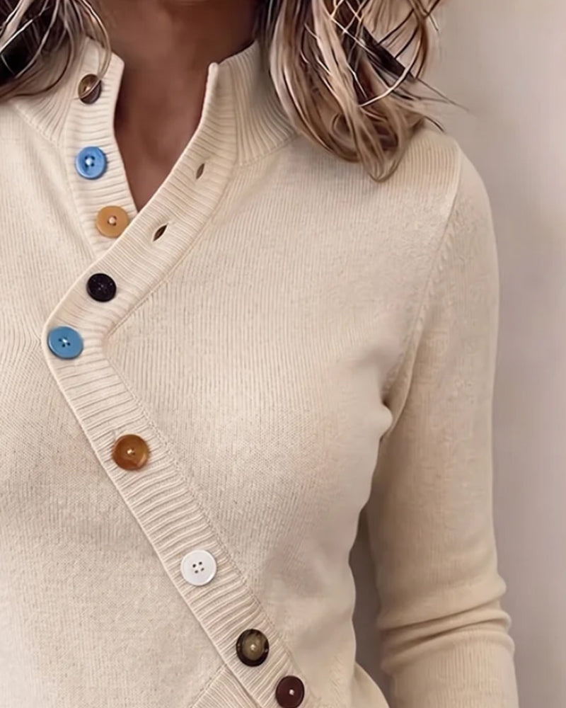 Pull asymétrique à col mandarin et color block