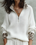 Pull Col Rabattu Zip Imprimé Léopard Manches Longues