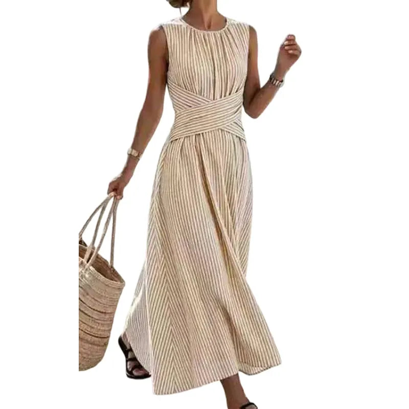 Robe maxi femme rayée sans manches avec taille croisée