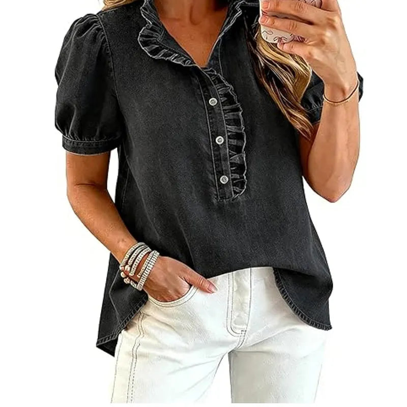 Haut femme en denim avec col volanté et manches bouffantes