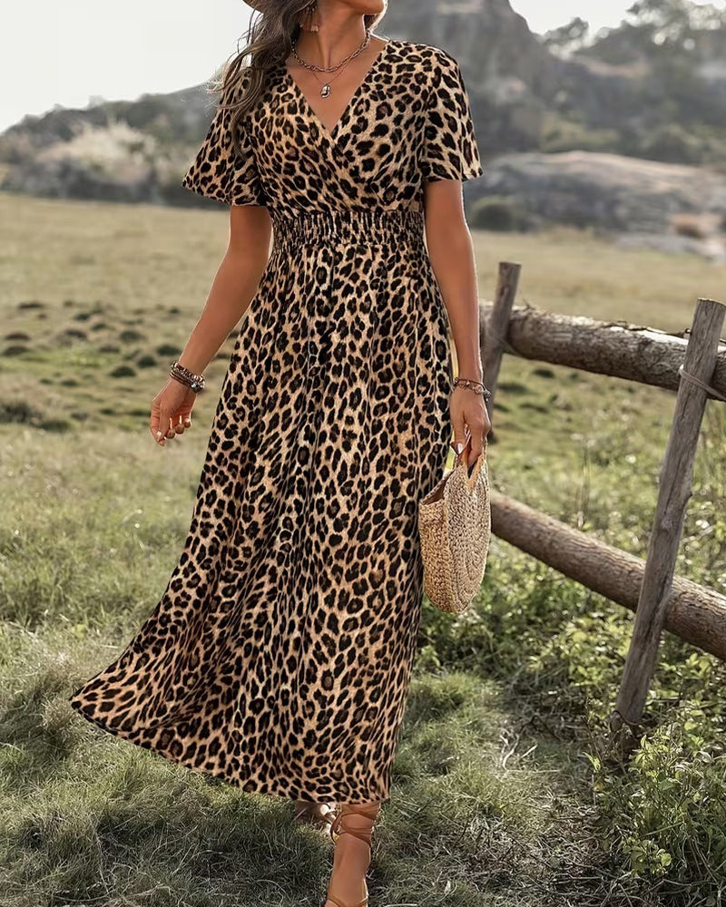 Robe Léopard Col V Taille Élastique Ligne A