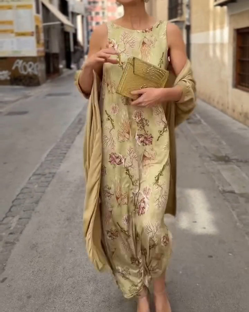 Robe Maxi Sans Manches + Ensemble Cardigan Assorti