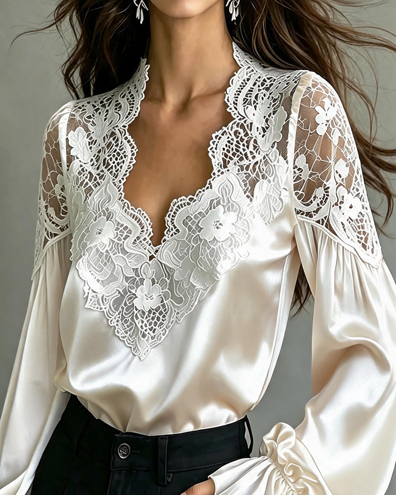 Blouse Col En V Volant Dentelle Découpe