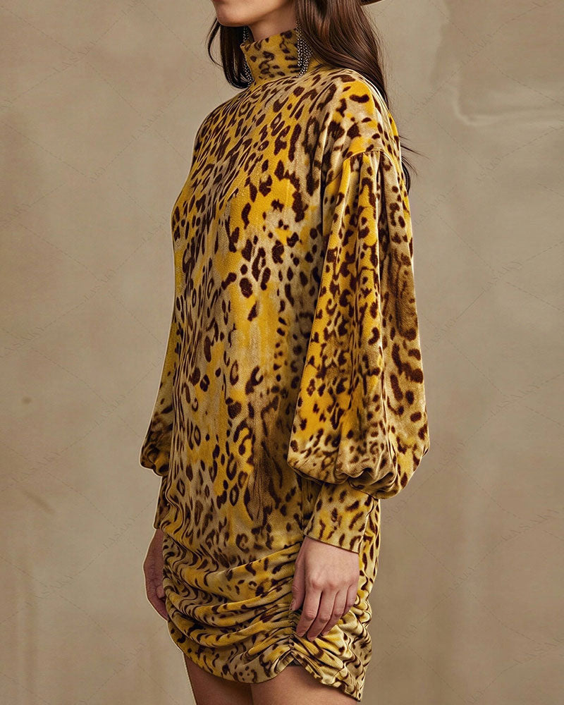 Robe Col Haut Léopard Manche Lanterne Élégante