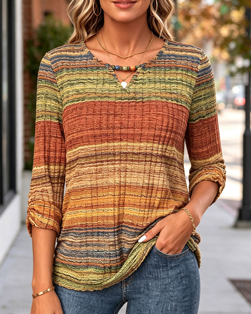 Haut Vintage Rayé Texture Manches Longues