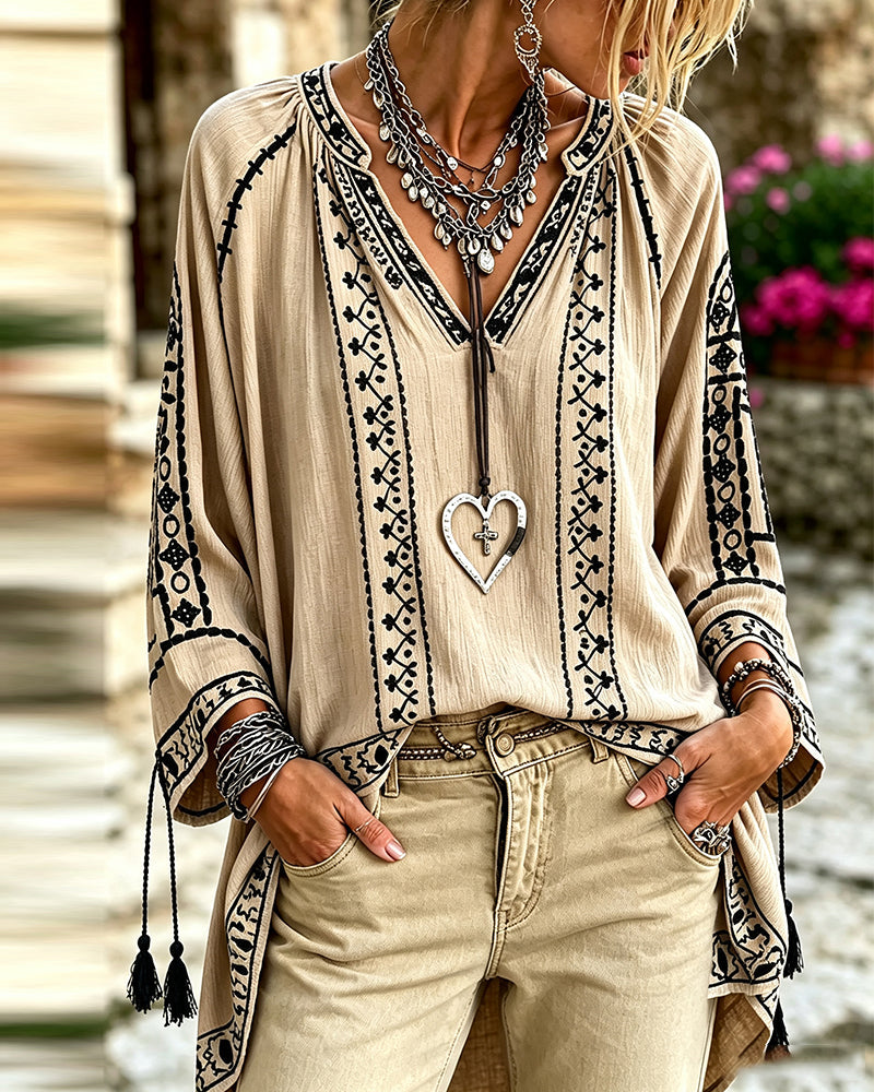 Blouse Col En V Ethnique Manches Mi-Longues Décontractée