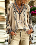Blouse Col En V Ethnique Manches Mi-Longues Décontractée