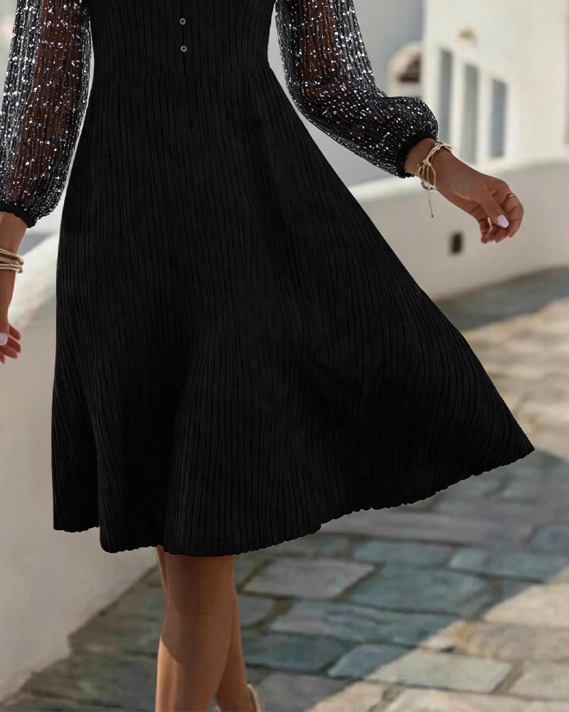 Robe Col En V Bouton Dentelle Patchwork
