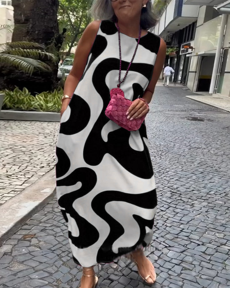 Robe sans manches à imprimé géométrique col rond