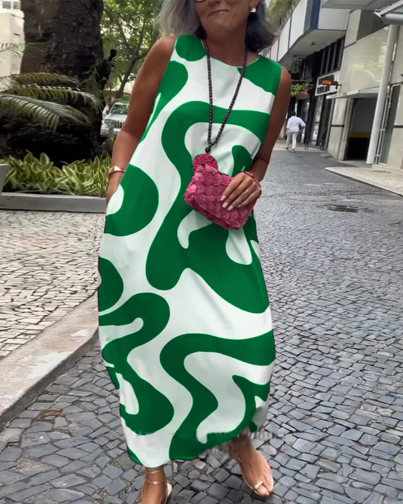 Robe sans manches à imprimé géométrique col rond
