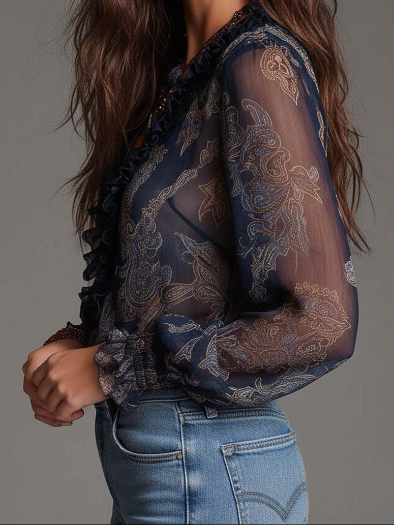 Elise | Top à volants avec imprimé paisley baroque