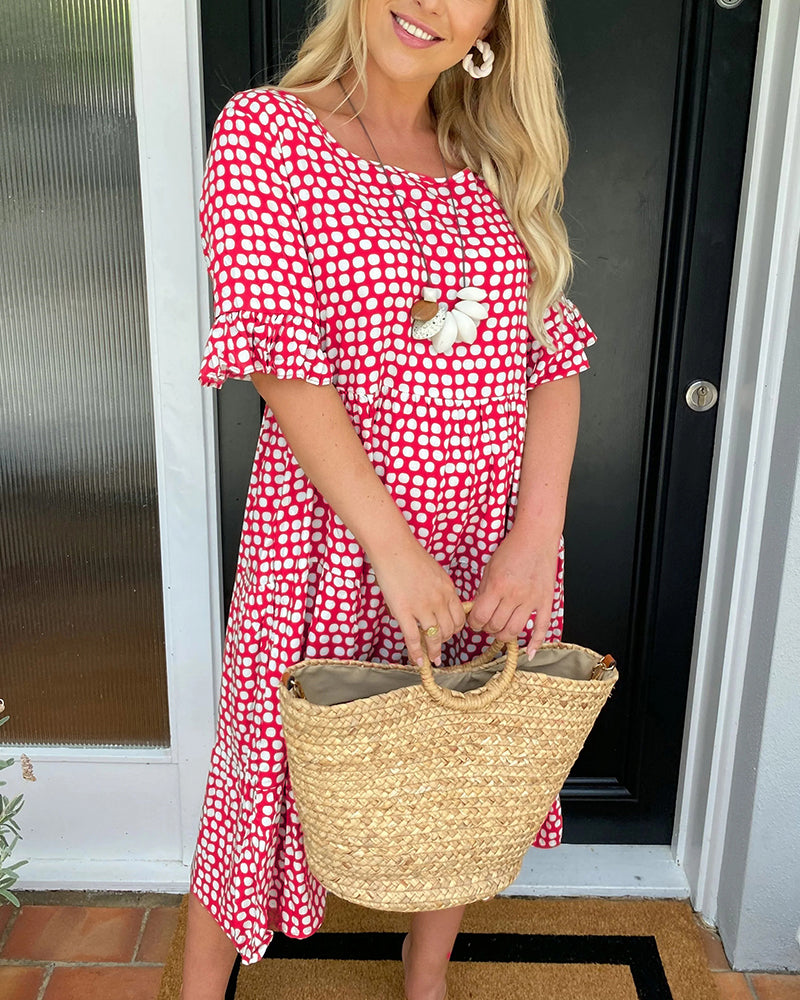 Robe midi à imprimé pois avec col rond