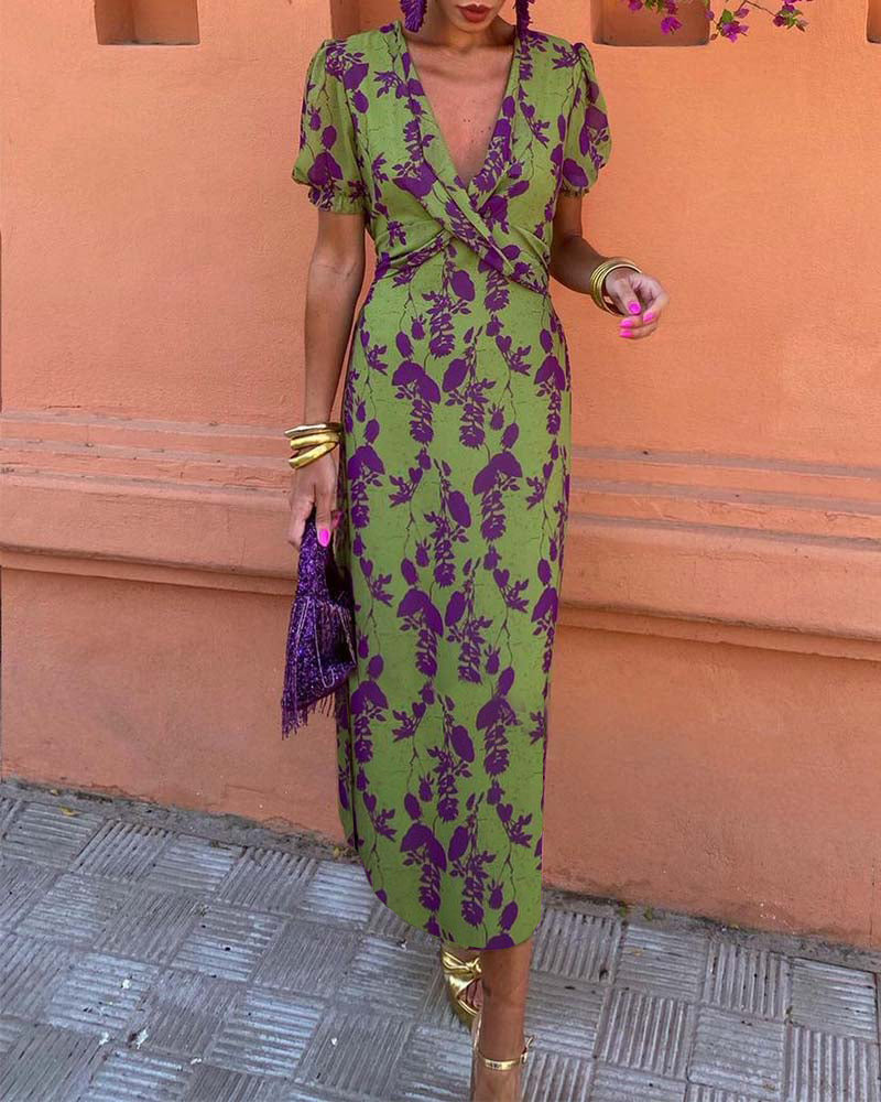 Robe A-Line à Manches Bouffantes et Imprimé Élégant de Feuilles en V Profond