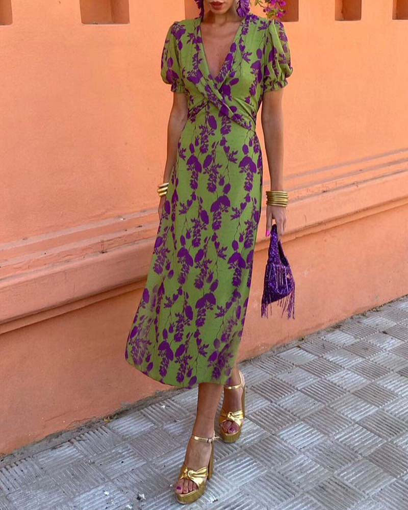 Robe A-Line à Manches Bouffantes et Imprimé Élégant de Feuilles en V Profond