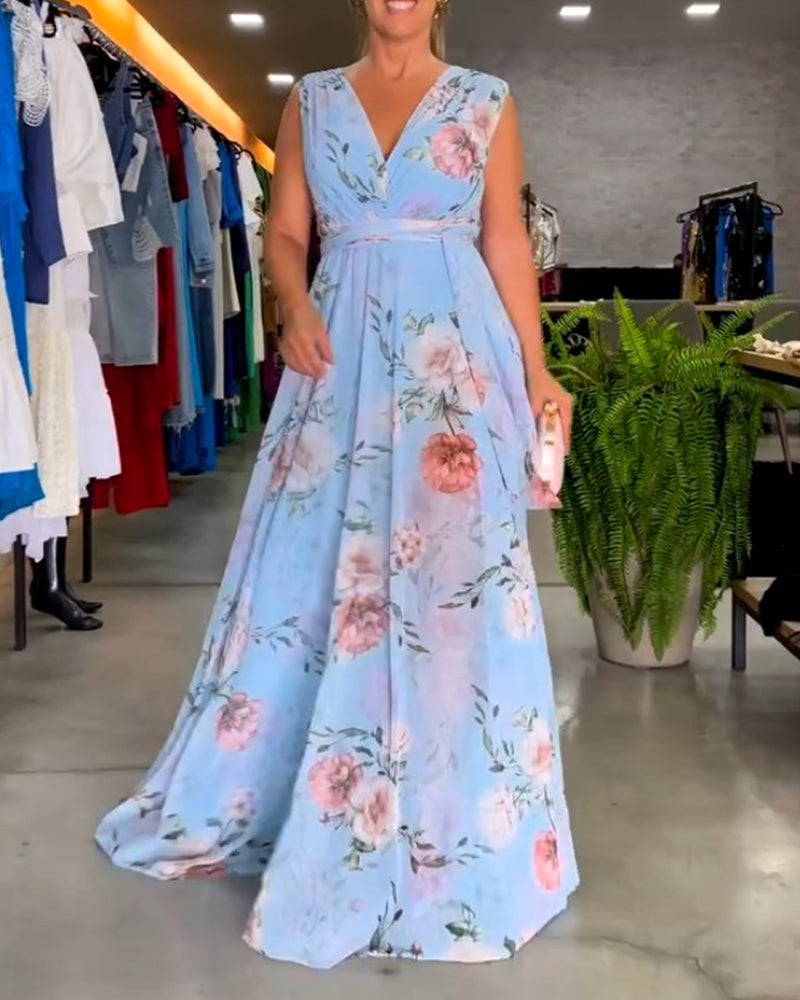 Robe élégante sans manches à imprimé floral en V
