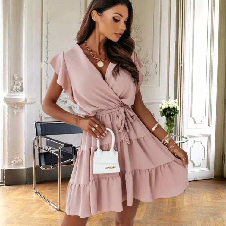Blossom | Robe Mini Femme à Manches Volantes avec Volants et Ceinture