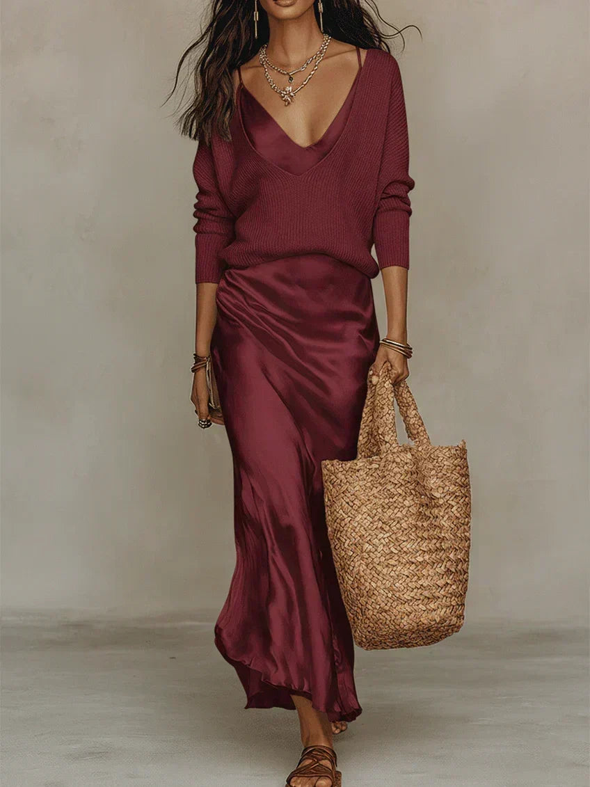 Robe Midi Satinée pour Femmes avec Cardigan Tricoté - Ensemble 2 Pièces