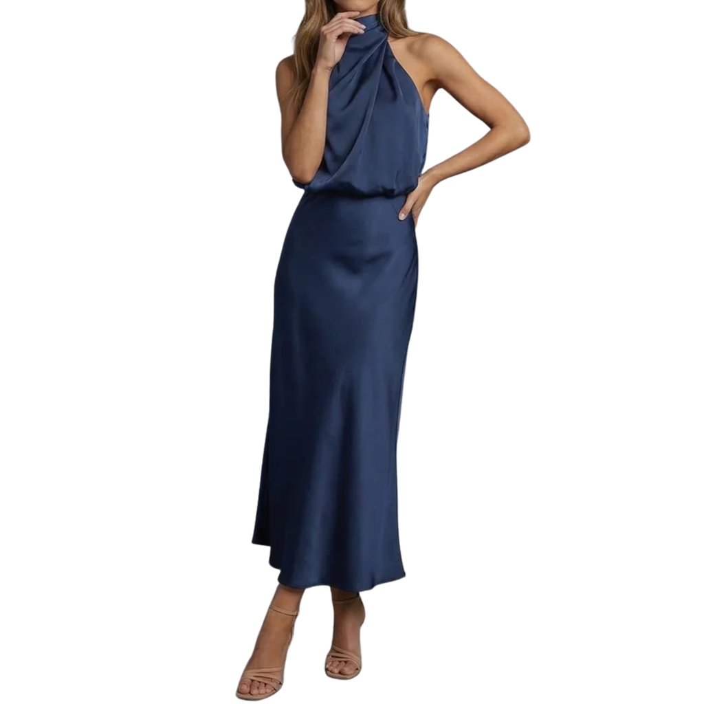 Robe de Soirée Wedding Guest Dress Satinée à Dos Nu et Encolure Américaine